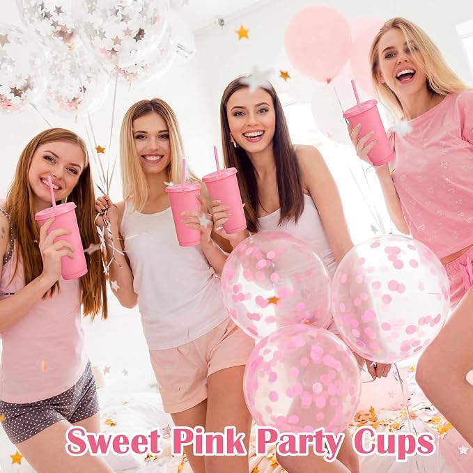 Honeydak 60 Pack Tumbler with Straw and Lid Bulk Cups for Gifts Water Bottle Iced Coffee Travel Mug Cup Reusable Plastic Tumblers for Party Birthdays 24-27 oz (Pink Color)