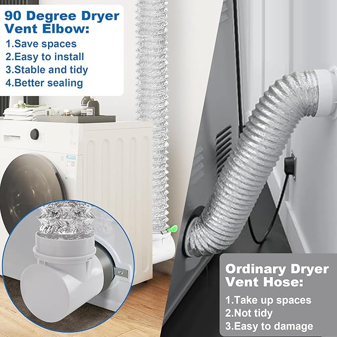 90 Degree Dryer Vent Elbow, Dryer Vent Connector Kit for 4 Inch Hose Duct Pipe Tube Adapter Space Saving Right Angle Connection Attachment for Tight Spaces