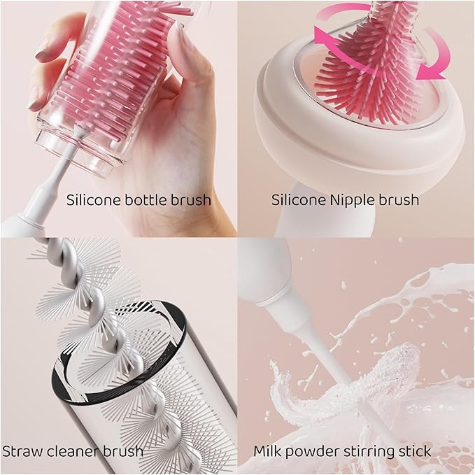 Portable Electric Silicone Bottle Brush Set, 7-in-1 UV LIGHT USB Charging, Nipple/Straw Cleaner, Milk Mixer, Built-in Drying Rack & Storage Case, BPA-Free, IPX7, On-the-Go for New Parents (Blush)
