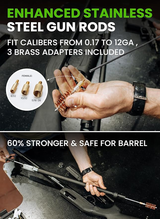 Universal Gun Cleaning Kit for All Guns - Portable Gun Cleaning Kits for Handguns and Rifles, Shotgun, Airsoft - Incl. Stainless Steel Rods, Brass Jags, Gun Cleaning Patches, Cleaning Swabs
