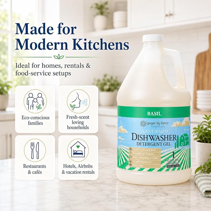 Ginger Lily Farms Plant-Based Dishwasher Detergent Gel, Basil Scent, 1 Gallon (128 Fl Oz) Refill, Eco-Friendly, 100% Vegan & Cruelty-Free
