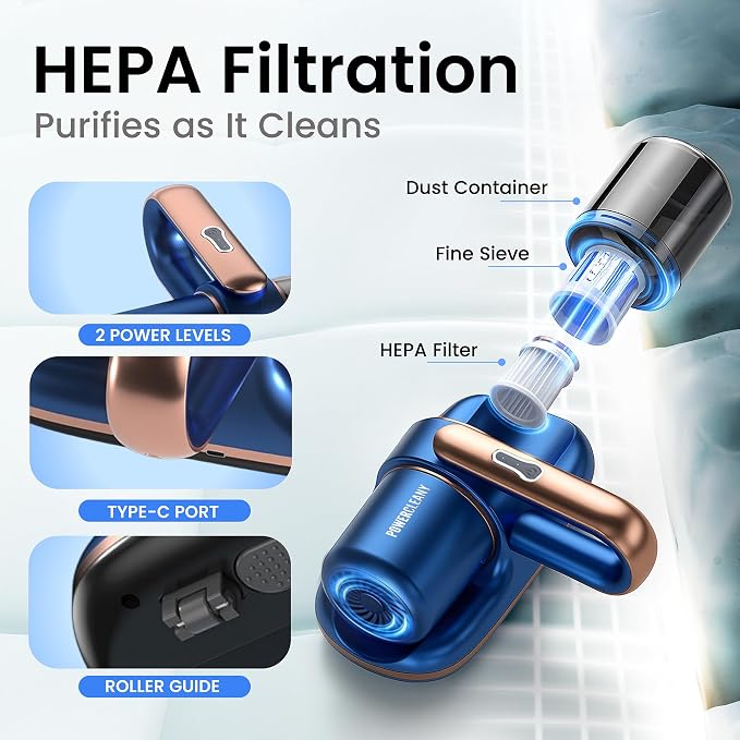 Cordless Mattress Vacuum Cleaner with UV Light, 13KPa Handheld Bed and Sofa Vacuum for Upholstery, HEPA Filter, Ideal for Couches, Cribs, and Furniture, Bed Cleaner, (Blue)