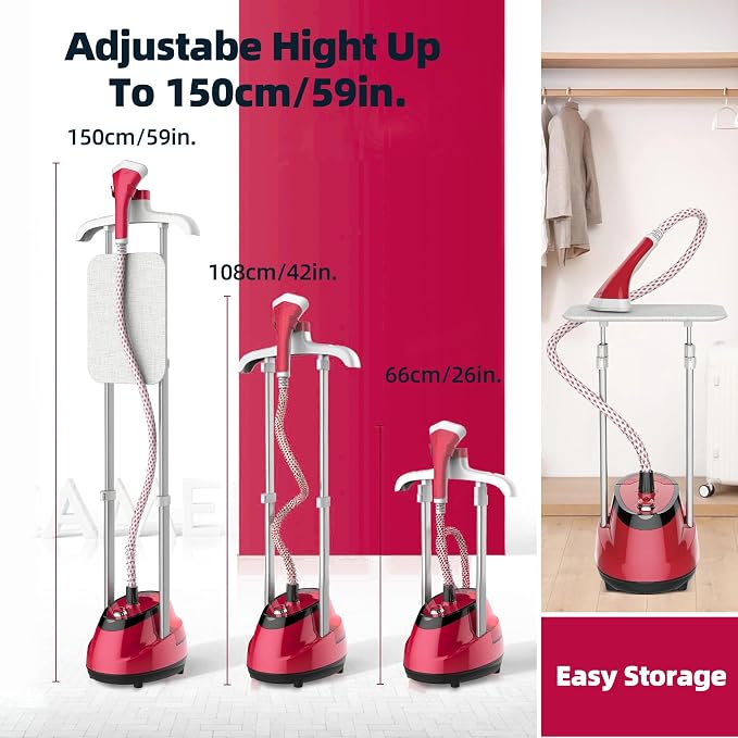 Upright Steamer for Clothes 1350W Turbo Boiler Standing Garment Steamer 1.6L Water Tank 1h Continuous Steam Flat&Hanging Ironing Double Retractable Rod 10 Modes 30s Fast Preheat for all Fabrics (RED)