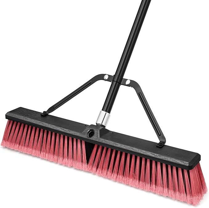 24” Push Broom Outdoor Heavy Duty, Large Commercial Stiff Bristle Brush with 63 inches Long Handle for Garage Shop Garden Yard Patio Deck Street Warehouse Lawn Driveway (Red)