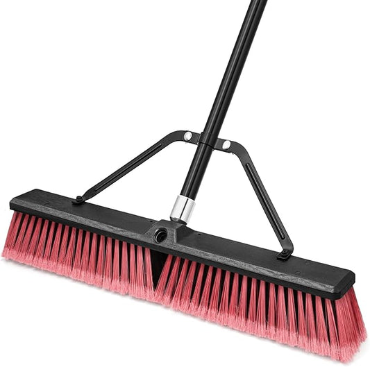 24” Push Broom Outdoor Heavy Duty, Large Commercial Stiff Bristle Brush with 63 inches Long Handle for Garage Shop Garden Yard Patio Deck Street Warehouse Lawn Driveway (Red)