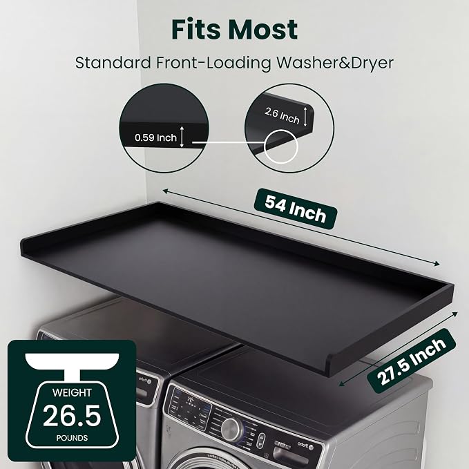 NORTH BLOOM Premium Washer Dryer Countertop 54" W x 27.5" D x 3.1" H, One Solid Base Board Laundry Room Topper with Edge Rails, Washing Machine Top, Painted Finish, Anti-Slip Feet (Black Color)