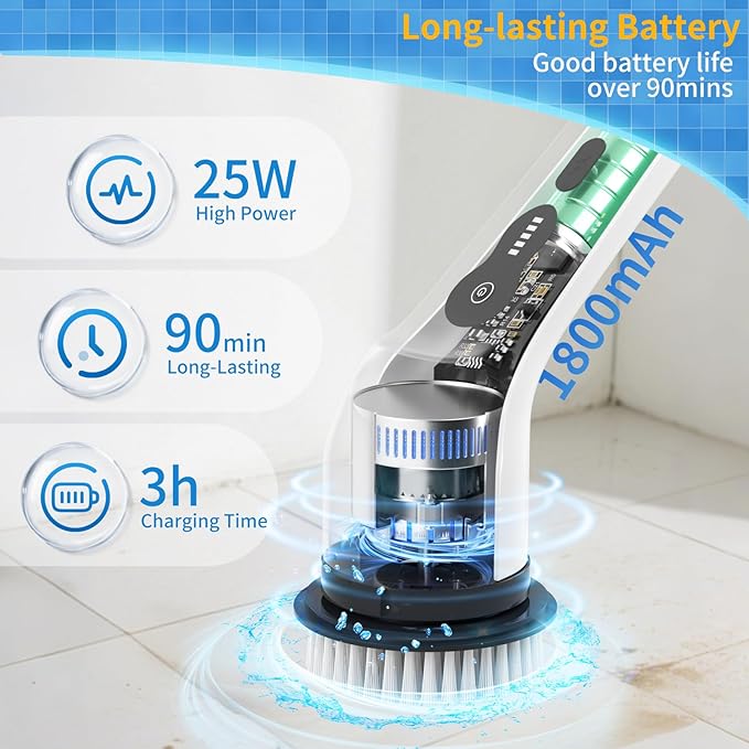 Electric Spin Scrubber, Powered Household Cleaning Brush with 8 Heads & 2 Modes- 52in Extendable Electric Shower Scrubber Deep Cleaner for Bathroom Bathtub Sink Bathroom, IPX7