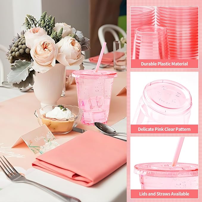 100 Set Pink Plastic Cups with Lids and Straws 12 oz Disposable Drinking Clear Cups for Wedding Pink Birthday Party Supplies