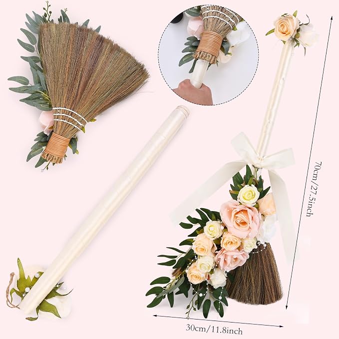 Wedding Broom DIY Jumping Broom for Wedding Ceremony 28 inch Tall Whisk with Artificial Roses/Green Leaves/Ribbons/Pearl