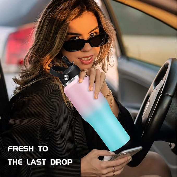 Stainless Steel Water-Bottles Fits in Cup Holder - 40 oz Water Bottle with Straw & Sleeve, Keeps Cold 48h/Hot 24h, Tumbler with Handle for Women & Men