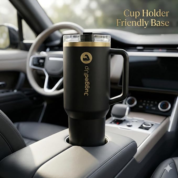 Hydra 40oz Insulated Stainless Steel Tumbler with Handle & Flip Straw Lid – Leak Proof Vacuum Travel Mug, Cup Holder Compatible, BPA Free – Onyx Gold