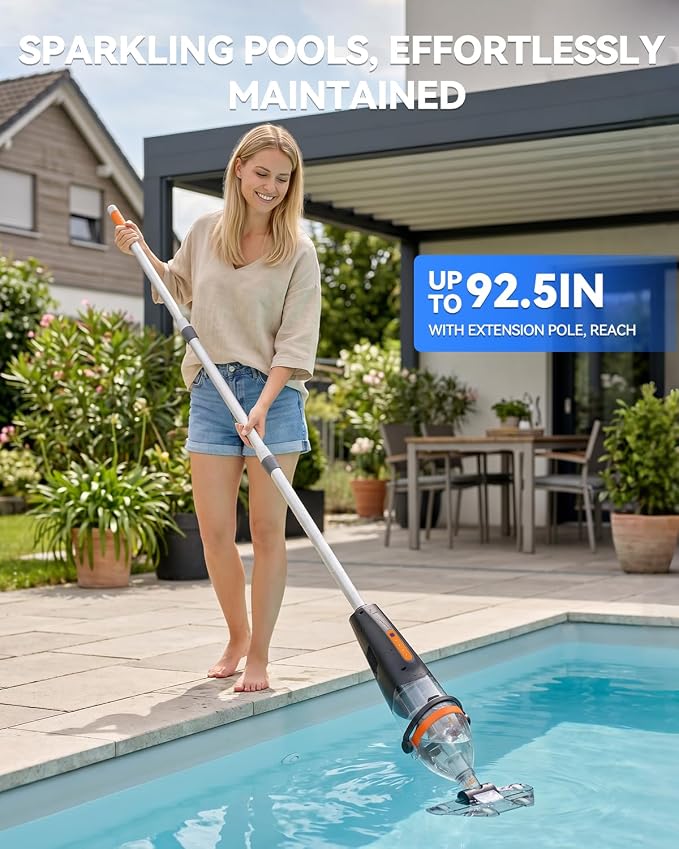 Wireless Remote Pool Vacuum, Cordless Pool Vacuum for Above Ground & Inground Pools, 18.5 GPM Powerful Suction, 75 Min Runtime, 69.3" Telescopic Pole for Spa & Hot Tub
