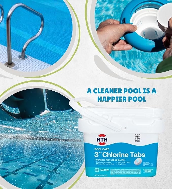 HTH 42046 Swimming Pool Care 3" Chlorine Tabs, Swimming Pool Chlorinating Sanitizer, 25lb
