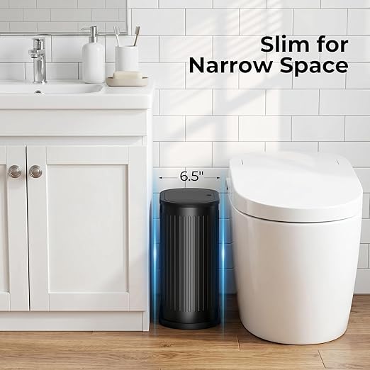 1.8 Gallon Bathroom Trash Can with Lid, Small Black Stainless Steel Press Top Garbage Can, Removable Inner Bucket, Includes 60 Trash Bags