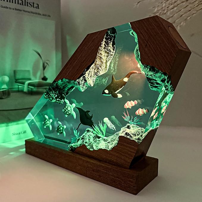 Killer Whale Ocean Resin Lamp, Handmade RGB Ocean Lamp with Wooden Base,Resin Art Lamp for Home Office Decor,Ocean Gifts for Women or Men,Unique Birthday Holiday Gifts for Mom Dad (M 8”x5)