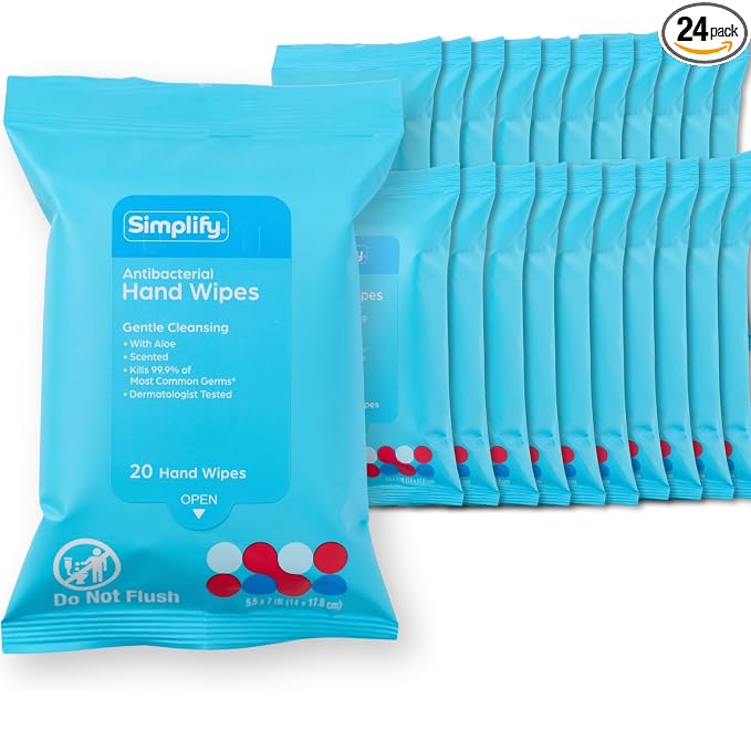 Simplify Hand Wipes 20 ct (24 pack, 480 Total Wipes). Gentle Cleansing with Aloe, Scented and Dermatologist Tested