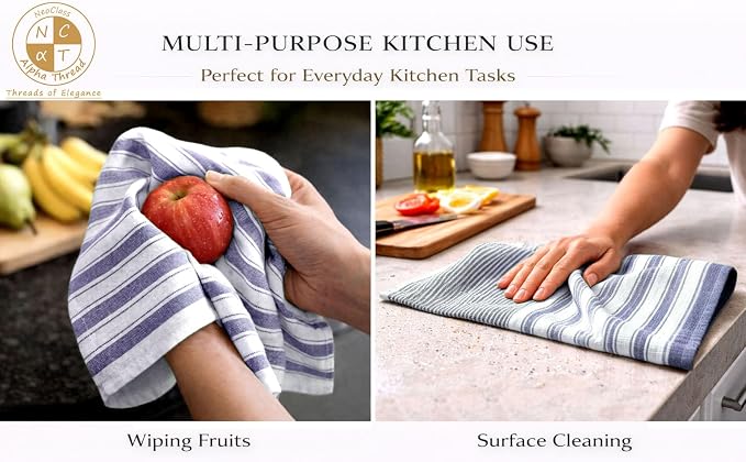 Pack of 6 Cotton Kitchen Towels Set, Dish Towels, Cleaning Rags, Kitchen Dish Cloths for Washing Dishes, Cotton Cleaning Cloths, Ultra Soft, Lightweight & Quick Dry, Flat Weave, 28"x18" (Denim & Gray)
