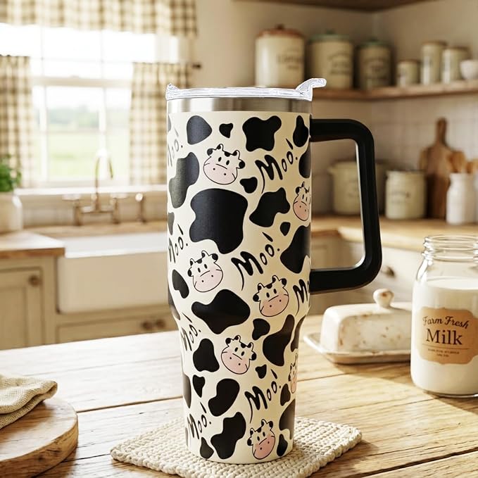 Ceovfoi 40 Oz Cow Tumbler With Handle,Cow Print Coffee Travel Mug Cup Water Bottle,Cow Print Decor,Cow Gifts for Women