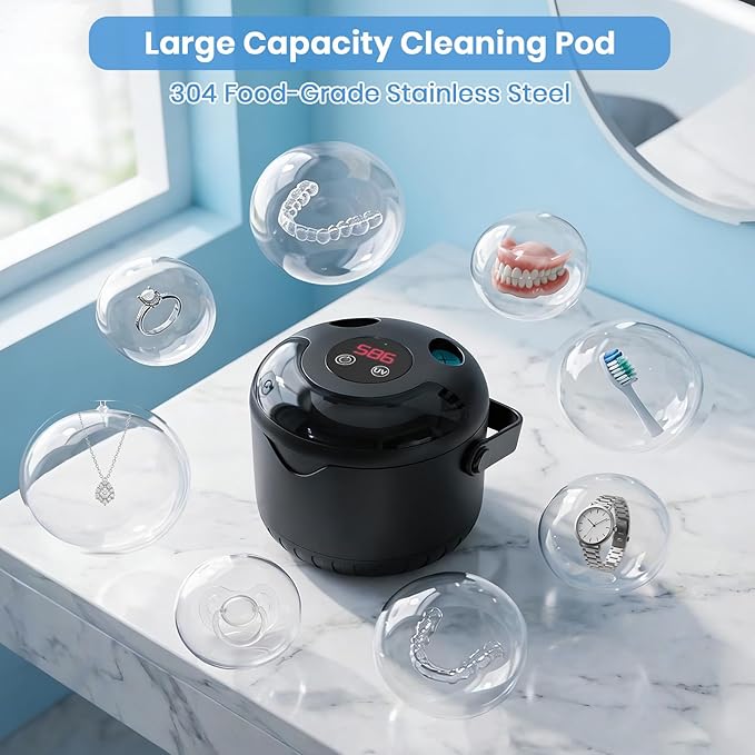 Ultrasonic Retainer Cleaner Machine, Upgraded Handle Design, 45kHz Dentures, Night Guards, Aligners & Jewelry, Digital Timer Deep Cleaning