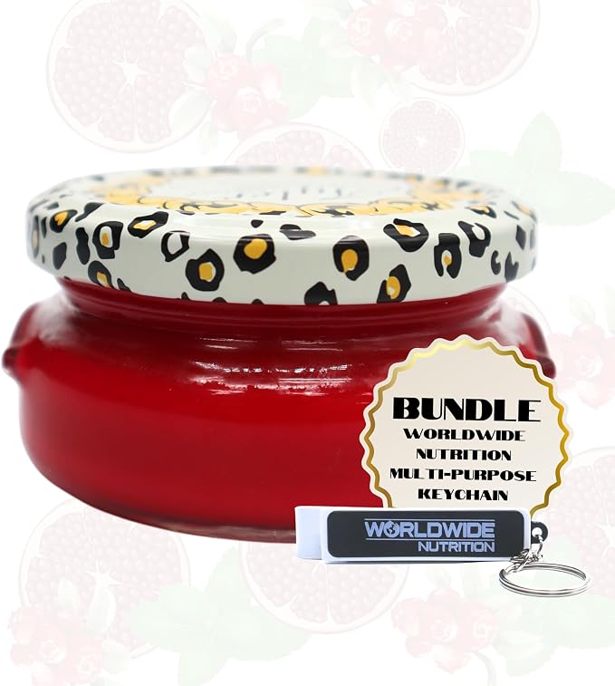 Worldwide Nutrition Bundle Tyler Candle Company Frosted Pomegranate Scent Candles - Luxuriously Scented Candle with Essential Oils - 3.4 oz Large Candle and Multi-Purpose Key Chain
