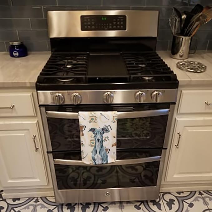 Caroline's Treasures Blue Whippet Coffee Bar Kitchen Towel Velour Plush Front and Cotton Loop Back Machine Washable