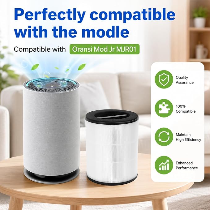 MJR01 Replacement Filter Compatible with Oransi Mod Jr Air Purifier, H13 Grade True HEPA & Activated Carbon, 3-in-1 Filter Set for Pollen, Wildfire Smoke & Pet Odors, 2-Pack