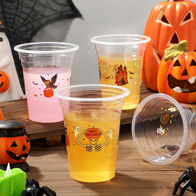 Eaasty 100 Pcs 12 oz Vintage Halloween Disposable Plastic Cups Retro Witch Cat Pumpkin Ghost Owl Skeleton Cups for Beverage Ice Cream Snacks Party Supplies Decoration