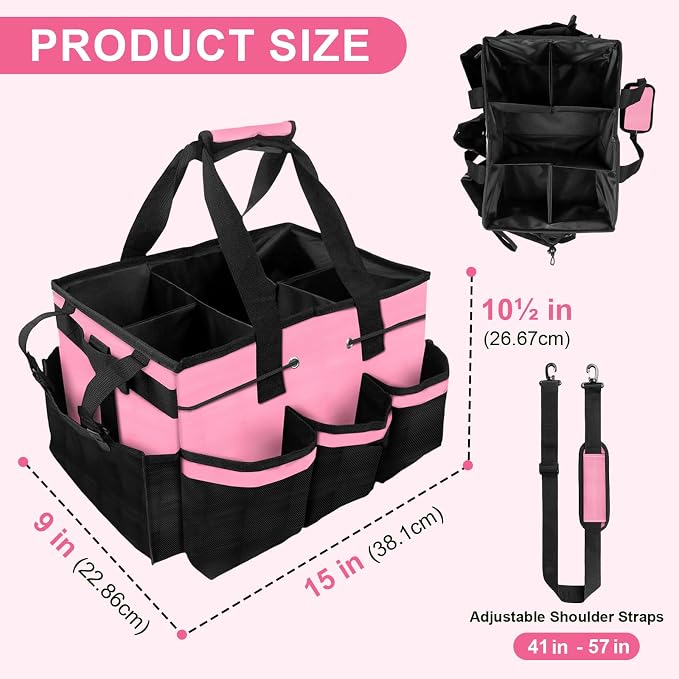 Large Cleaning Caddy Bag – Cleaning Supply Organizer Bag with Handle & Adjustable Shoulder Strap for Housekeepers, Professional Home, Apartment & Office Cleaning, Soft Portable Tote (Pink)