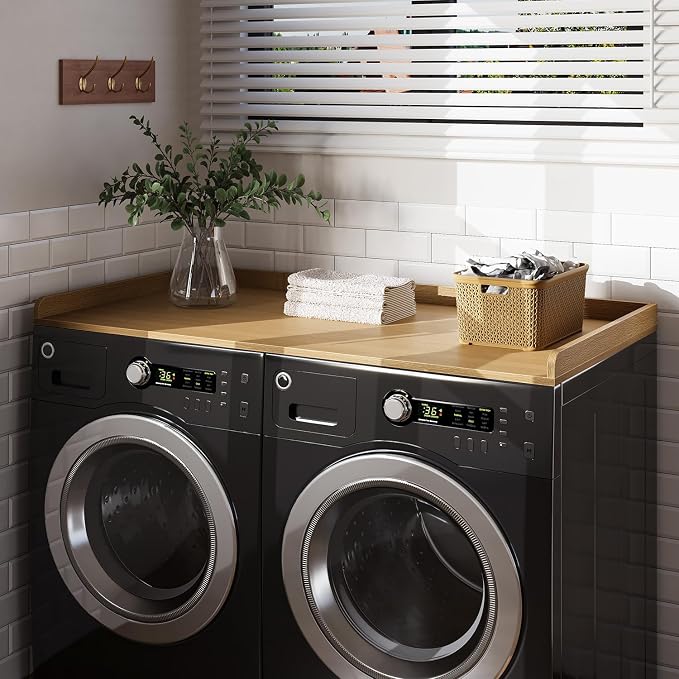Fivesun Washer Dryer Countertop, 27.5" x 54“ Wood Washer and Dryer Countertop with Edge Rails for Laundry Room Organization and Storage, Oak