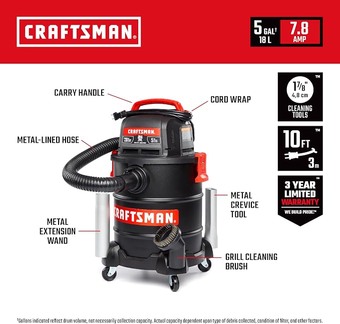 CRAFTSMAN CMXEVBE17050 5 Gallon 7.8 Amp Ash and Grilling Vacuum | Portable Dry Only Shop Vacuum with Drum Filter, Cartridge Filter, Hose and Attachments for Cool/Dry Ash Cleaning