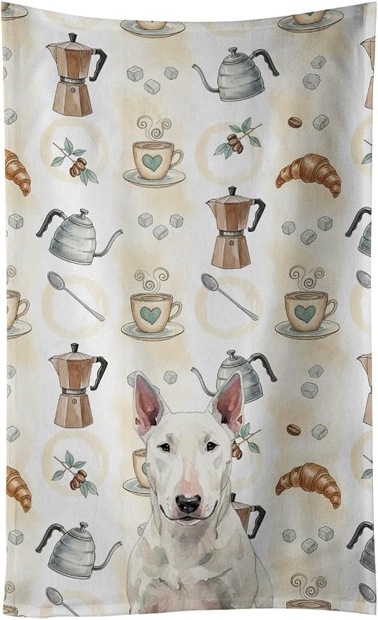 Caroline's Treasures White Bull Terrier Coffee Bar Kitchen Towel Velour Plush Front and Cotton Loop Back Machine Washable