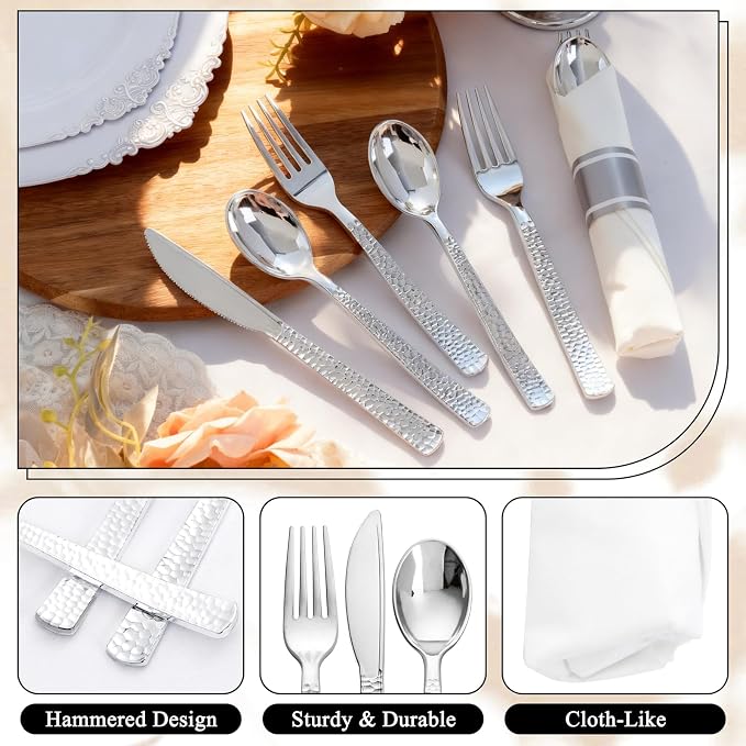 400PCS Pre Rolled Silver Plastic Silverware Sets - Heavy Duty Hammered Silver Cutlery - Include 100 Pack Wrapped Disposable Utensils with Napkins for Parties & Dinners & Weddings