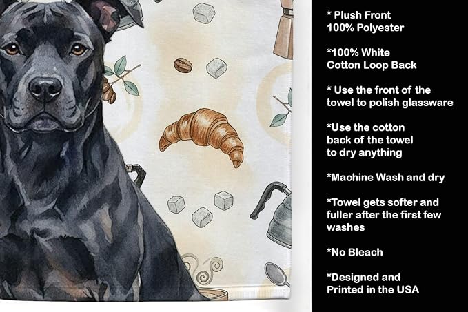 Caroline's Treasures Black American Staffordshire Terrier Coffee Bar Kitchen Towel Velour Plush Front and Cotton Loop Back Machine Washable