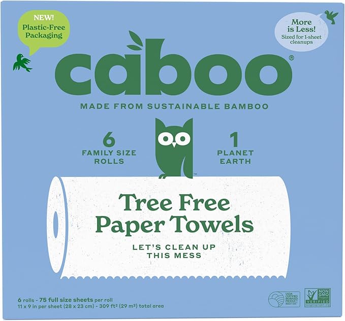Caboo Tree Free Paper Towels, 6 Rolls, Plastic Free & Eco Friendly, Earth Friendly, Sustainable Kitchen Paper Towels with Strong 2 Ply Sheets