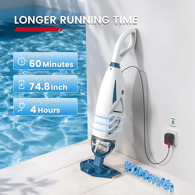 ENHULK PC68 Pro Pool Vacuum for Above Ground Pool with 9' Extension Pole, 4 Filters, 26.5 Gallons/Min Powerful Suction, 1H Runtime, Cordless Handheld Pool Cleaner for Above/Inground Pools