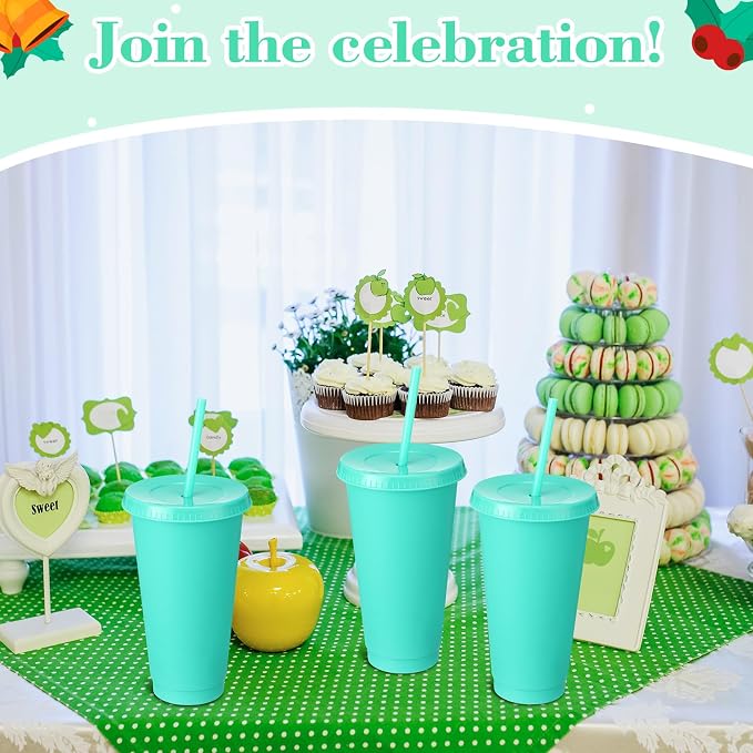Honeydak 60 Pack Tumbler with Straw and Lid Bulk Cups for Gifts Water Bottle Iced Coffee Travel Mug Cup Reusable Plastic Tumblers for Party Birthdays 24-27 oz (Green Color)