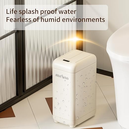 MRBIN 9L Slim Automatic Trash Can with Butterfly Lid, 2.4Gal Touchless Sensor Waste Bin, Waterproof Splash-Proof Design, Narrow Garbage Container for Bathroom, Bedroom, Small Spaces, Cream White