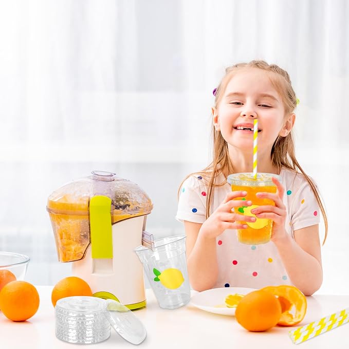 Whaline 50 Pcs Lemon Disposable Plastic Cups with Lids and Straws, 12 Oz | Yellow Summer Fruit, Cold Beverage Drinking Cups, for Birthday Baby Shower Party Supplies