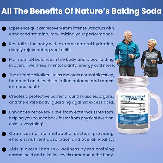 Organic Use Aluminum Free Baking Soda Bulk Supplement Powder in Mason Jar with Lid & Spoon - Food Grade & Organic Use Baking Soda for pH Balance, Kidney Health, Antacid & Detox Support - 16oz