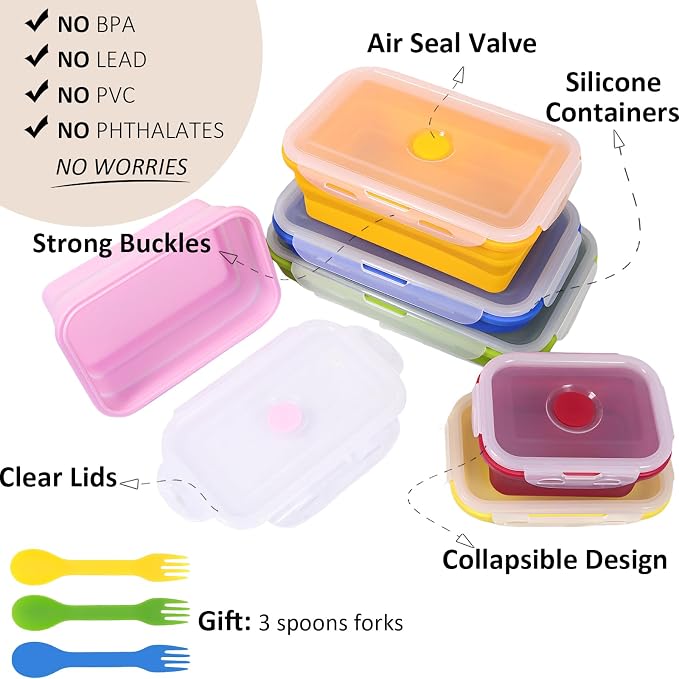 Set of 6 Collapsible Silicone Food Storage Containers With Lids, Durable, Meal Prep Foldable Bento Lunch Boxes for Kitchen, Camping, Microwave,Dishwasher and Freezer Safe, BPA Free