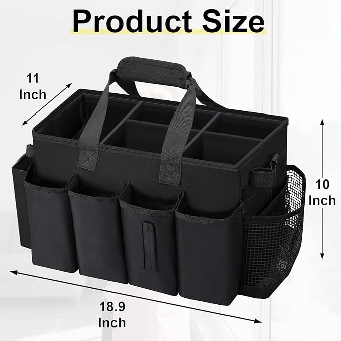 Wearable Large Cleaning Caddy Bag for Housekeeper, Clean Supply Organizer with Adjustable Shoulder, Waist & Handle Straps, Detailing Bag for Kitchen Supplies (Black)