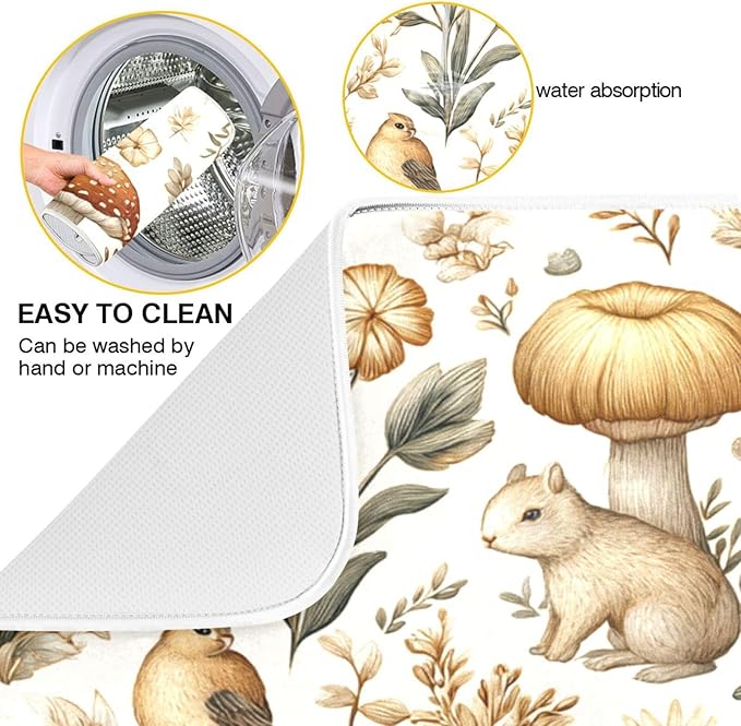 Watercolor Mushrooms Dish Drying Mat Absorbent Kitchen Pads for Counter Kitchen Dish Dryer 18 x 24 Mat under Dish Drainer