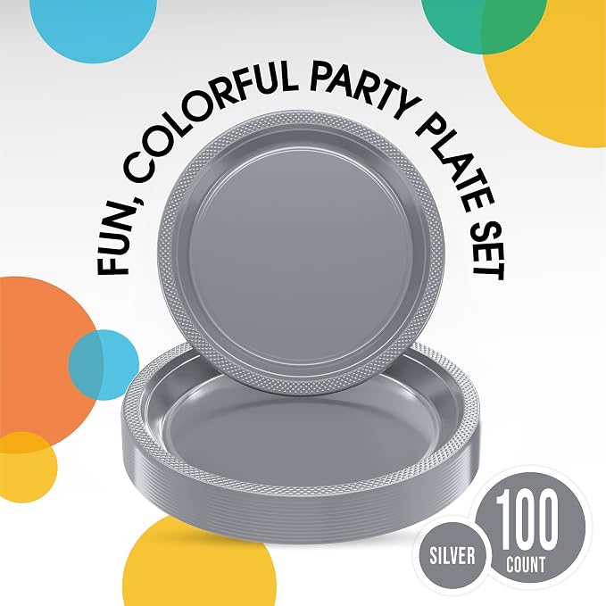 Exquisite Party Solids Silver Plates Disposable Silver Plastic Plates 100 Pieces - 50-7" & 50-9" Heavy Duty 350 GSM Disposable Dinnerware Sets, Plastic Dinnerware Sets