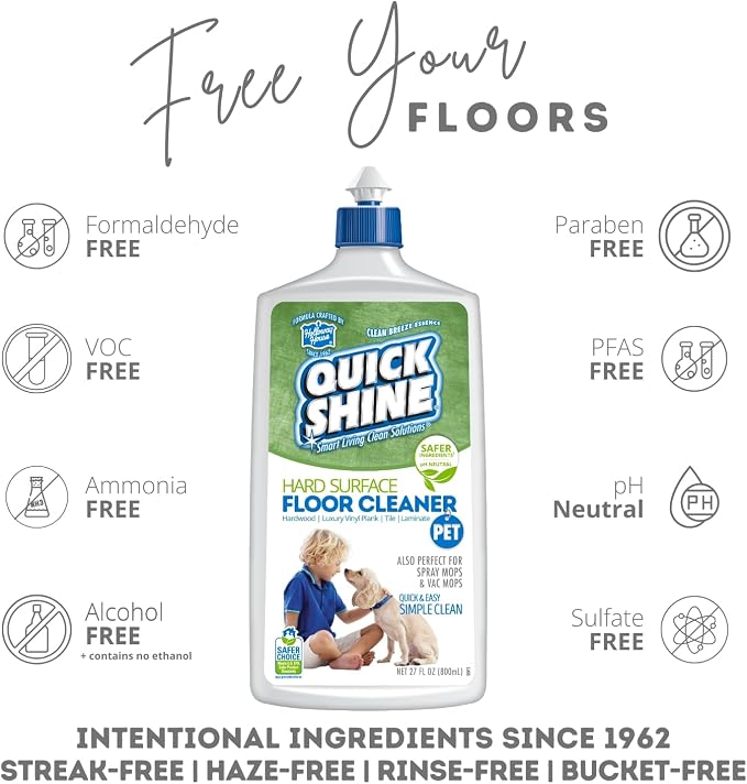 Quick Shine Hard Surface Pet Floor Cleaner 27 oz, 6Pk | Ready to Use, Removes Dirt, Streak Free, No Rinse | Hardwood, Laminate, Luxury Vinyl Plank LVT, & Tile | Safer for Kids, Pets & Our Environment
