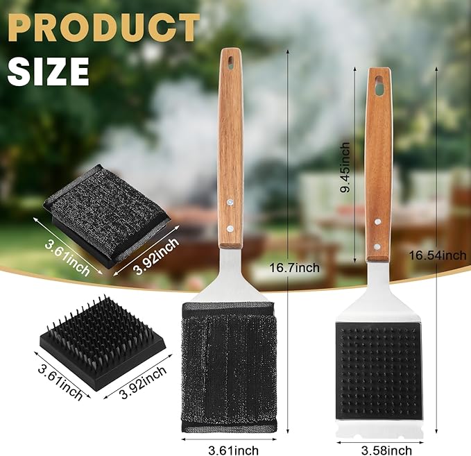 Sawysine 2 Pack Grill Brush and Scraper with 4 Replacement Heads, Wooden Handle Wire BBQ Grill Brush for Outdoor Grilling, 16.5" Bristle-Free BBQ Cleaning Brushes Barbecue Accessories