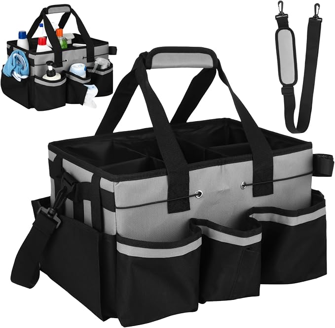 Wearable Cleaning Caddy Bag, Large Housekeeping Supply Organizer with Adjustable Shoulder Strap, Waist Strap and Handle, 600D Oxford Cleaning Tote with Dividers for Kitchen, Car Detailing, Black Gray