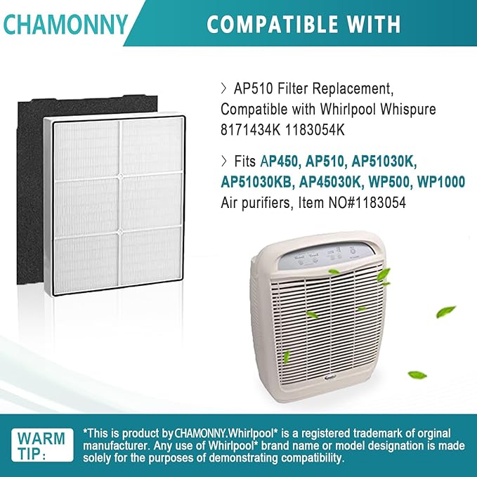 AP510 & AP450 Filter Replacement, Compatible with Whirlpool Whispure 1183054K 8171434K AP450 AP510 AP300 AP350 WP500 WP1000 Air Purifier (1 HEPA Filter +4 Pre-filter)
