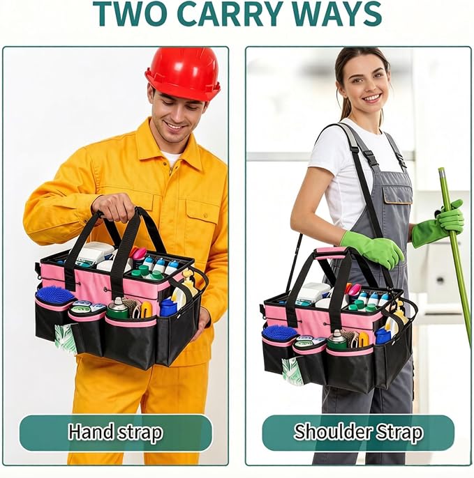 Cleaning Caddy Bag with Foldable Divider & Adjustable Shoulder Strap, Large-Capacity Housekeeping Cleaning Tote for Cleaners, Home, Car, or Horse Grooming Supplies – Heavy-Duty Organizer (Pink)