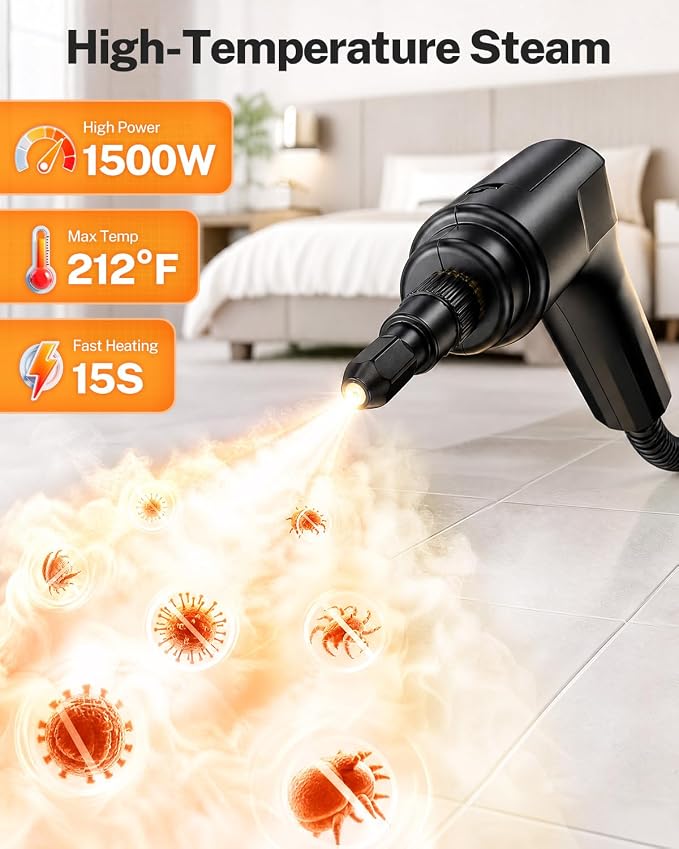 ODSD Steam Cleaner for Home & Car, 15s Fast Heating Handheld Steam Cleaner with 1.6L Tank, 3-Level Pressurized Steamer for Cleaning Tile, Grout, Sofa & Car Detailing (Black-Gold)