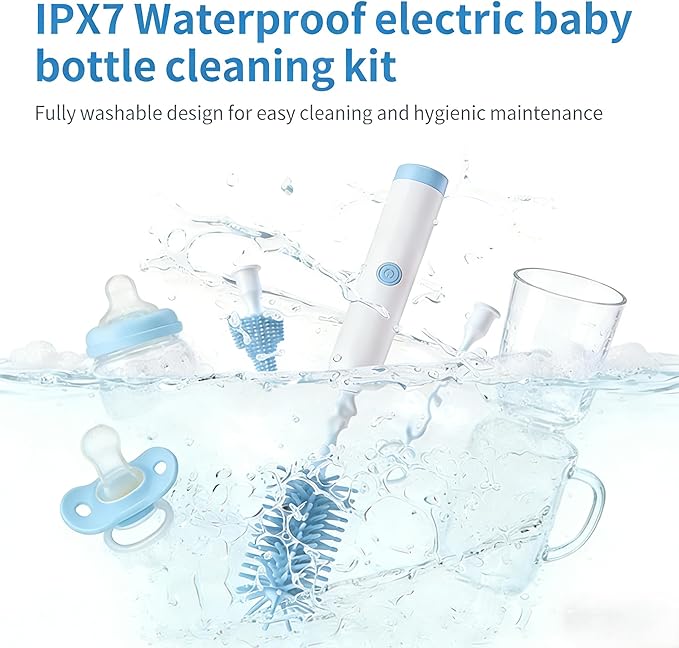 Portable Electric Silicone Bottle Brush Set, 7-in-1 UV Light USB Charging, Nipple/Straw Cleaner, Milk Mixer, Built-in Drying Rack & Storage Case, BPA-Free, IPX7, On-the-Go for New Parents (Sky)